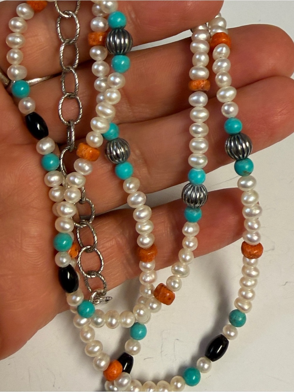 Vintage Carolyn Pollack Sterling Silver Pearl and Multi Stone Necklace - Picture 7 of 10